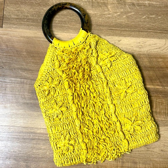Anthropologie Rosalita Rafia Yellow Fringe Tote Bag - Picture 2 of 16